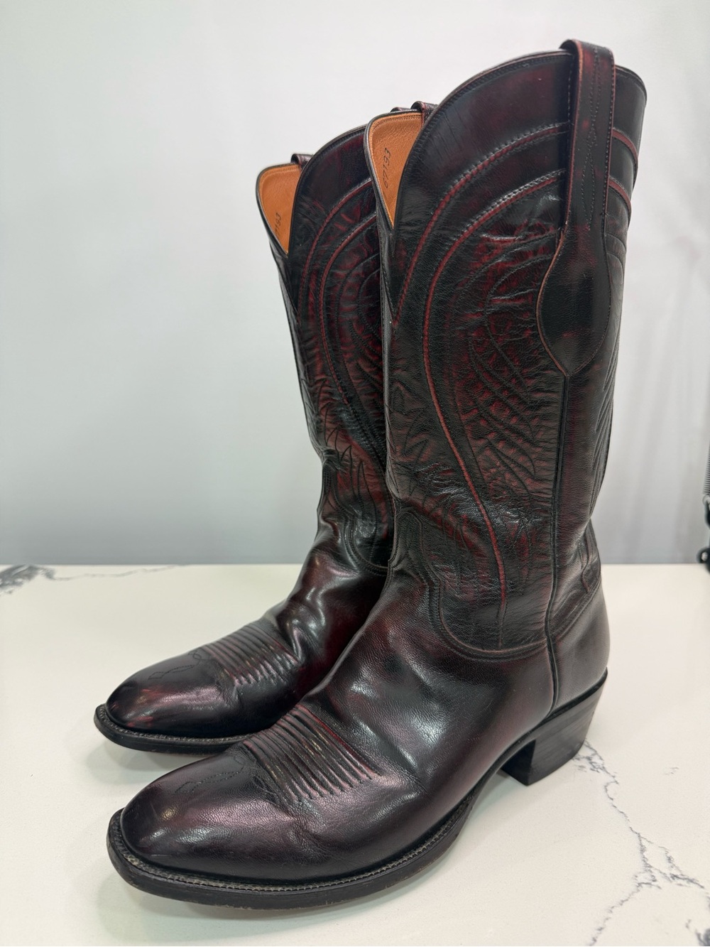 Lucchese Boots Mens 10D Black Cherry Goat Leather Western Cowboy USA Red LE52263